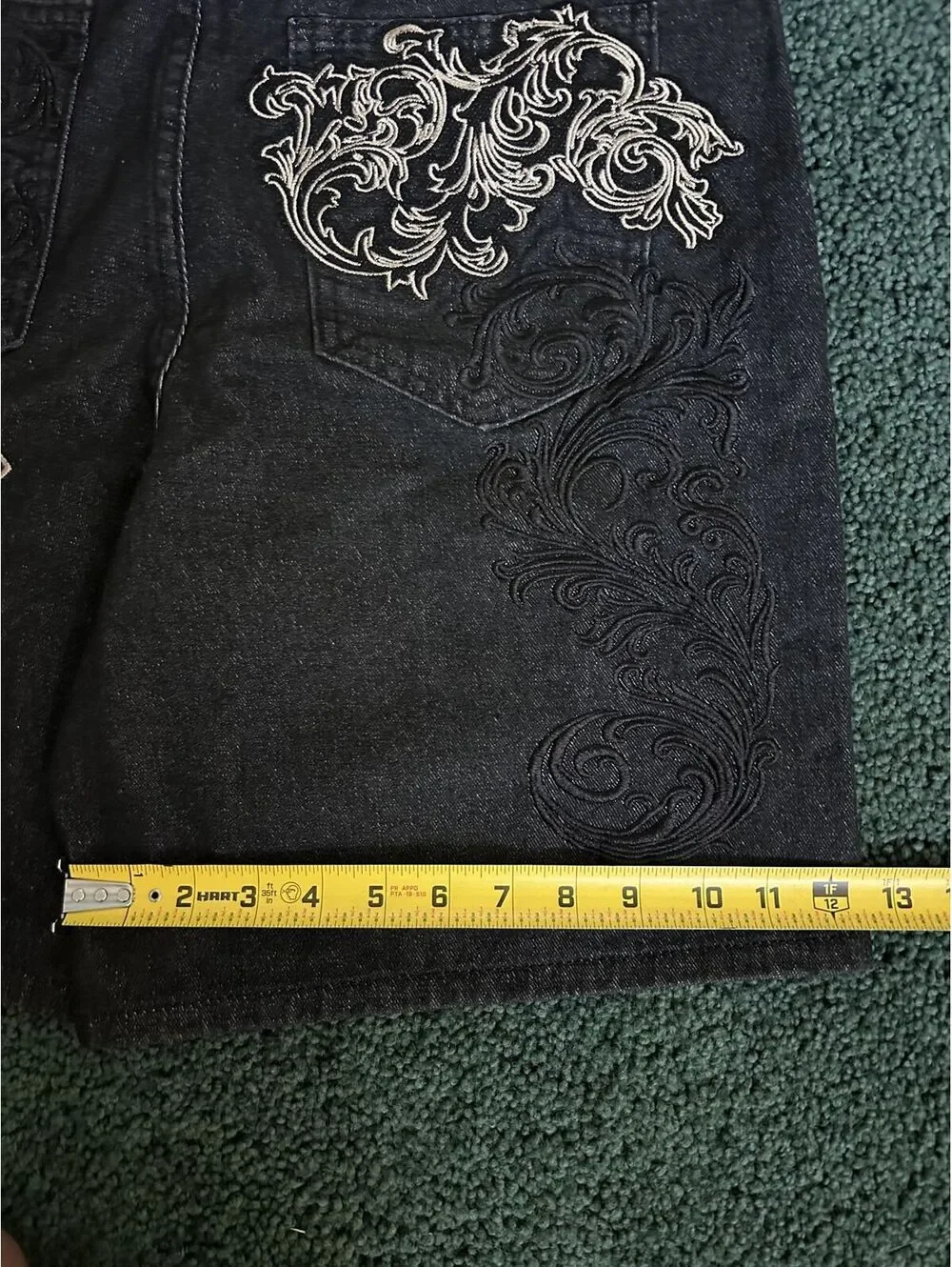 Black Denim Shorts with Embroidered Cross Design